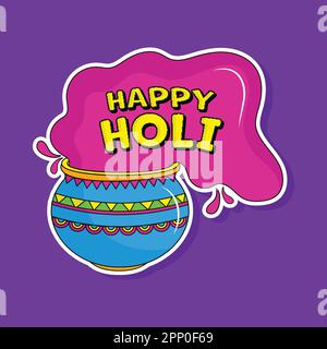 Happy Holi Font Mit Farbtopf Im Sticker Style Auf Lila Hintergrund. Stock Vektor