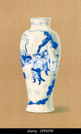 K'ang-Hsi Blaue und Weiße Vase (P’ing) in anmutiger länglicher ovoider Form, in leuchtendem Blau dekoriert, im Stil und in der Farbe der besten K'ang-hsi-Periode (1662-1722), das Bild stellt offenbar eine dramatische Szene dar. Ein Reisender in offizieller Kleidung kniet im Vordergrund auf einem Flussufer, an dem das Boot vertäut ist, von dem er gerade gelandet ist, und sein Schirm und Bündel werden in der Nähe auf den Boden geworfen. Eine Kampffigur steht vor ihm, mit der Hand auf dem Griff seines Schwertes, dem Helden des Stückes, Indi¬, gekennzeichnet durch die langen Fasanenfahnen in seinem Helm, der von zwei Soldaten begleitet wird Stockfoto