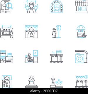 Lineare Ikonen im Downtown Tower. Wolkenkratzer, Wahrzeichen, Ikone, Modern, Vertikal, Urbane, eindrucksvolle Linienvektoren und Konzeptschilder. Hochhaus, Glas Stock Vektor