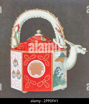 DER ALTE JAPANISCHE IMARI-Sake-Topf (Choshi), sechseckig, mit abgerundeter Spitze, dessen Griff der überragende schuppige Körper eines Drachen ist. Aber das Datum wäre etwa 1750 aus dem Buch " ORIENTAL CERAMIC ART COLLECTION OF William Thompson Walters ", veröffentlicht 1897 Stockfoto