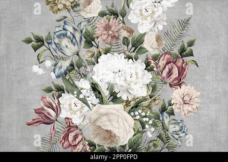 Wunderschöne große holländische Blumen auf einer grauen Betonoberfläche Stockfoto