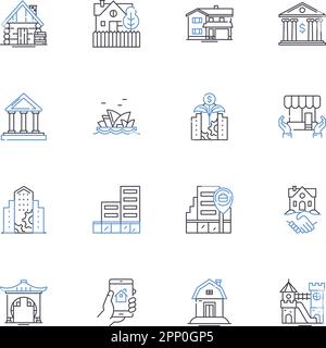 Symbolsammlung für Eigenschaftsbewertungspositionen. Beurteilung, Bewertung, Bewertung, Eigenkapital, Markt, Investitionen, Einkommensvektor und lineare Darstellung Stock Vektor