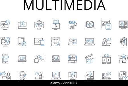 Symbolsammlung für Multimedia-Zeilen. Interaktive Medien, digitale Inhalte, audiovisuelle Medien, gemischte Medien, visuelle Hilfsmittel, Elektronische Medien, druckbarer Medienvektor Stock Vektor
