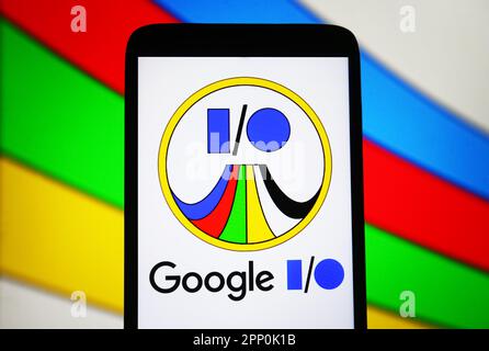 In dieser Fotoabbildung ist das Google I/O 2023 -Logo auf einem Smartphone-Bildschirm zu sehen. Stockfoto