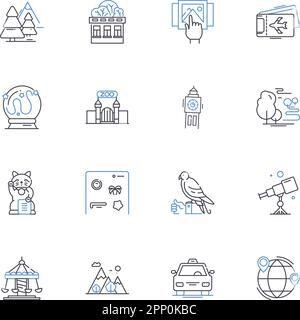 Eingefrorene Kollektion mit Symbolen der Expeditionslinie. Arktis, Expedition, Schnee, Eis, Überleben, Exploration, Adventure Vector und lineare Illustration. Iglu, Schlitten Stock Vektor