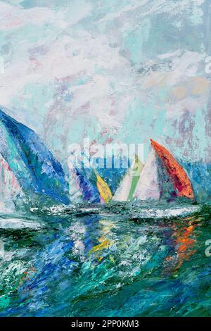 Fragment einer bunten Ölmalerei auf Leinwand, die Segelboote über Wasser darstellt. Impasto-Kunstwerke in einem Holzschwebrahmen. Impressionismus-Kunst. Stockfoto