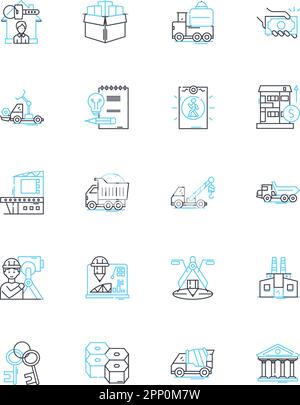 Feste lineare Symbole im Baugewerbe festgelegt. Renovierung, Aushub, Fundament, Abbruch, Zimmereiarbeiten, Sanitär, elektrische Leitungsvektoren und Konzeptschilder Stock Vektor