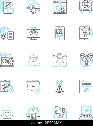 Lineare Symbole für virtuelle Sicherheit festgelegt. Verschlüsselung, Firewall, Authentifizierung, Malware, Passwörter, Datenschutz, Cybersicherheit, Linienvektor und Konzeptschilder Stock Vektor