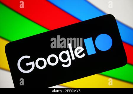 Ukraine. 20. April 2023. In dieser Fotoabbildung ist das Google I/O 2023 -Logo auf einem Smartphone-Bildschirm zu sehen. (Kreditbild: © Pavlo Gonchar/SOPA Images via ZUMA Press Wire) NUR REDAKTIONELLE VERWENDUNG! Nicht für den kommerziellen GEBRAUCH! Stockfoto