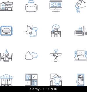 House Architecture Line Icons Kollektion. Zeitgenössisch, viktorianisch, Tudor, Art déco, Kolonialstil, Bungalow, mediterraner Vektor und lineare Darstellung Stock Vektor