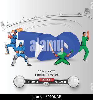 3D T20 Schriftart mit Cricket-Spielern des teilnehmenden Teams A VS B und leerem runden Abzeichen oder Rahmen auf grauem Hintergrund. Stock Vektor