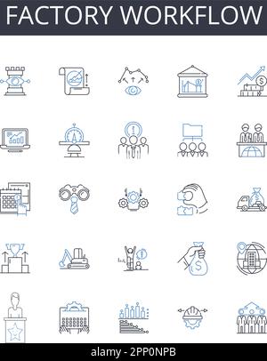 Symbolsammlung für werkseitige Workflow-Linien. Unternehmensverfahren, Geschäftsstruktur, Organisationsprozess, Unternehmensabläufe, Unternehmensmethodik Stock Vektor