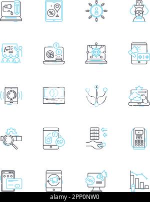 Lineare Symbole für das elektronische Zeitalter. Digitalisierung, Automatisierung, Robotik, Cybersicherheit, Internet, Wireless, Algorithmen Linienvektor und Konzeptzeichen Stock Vektor