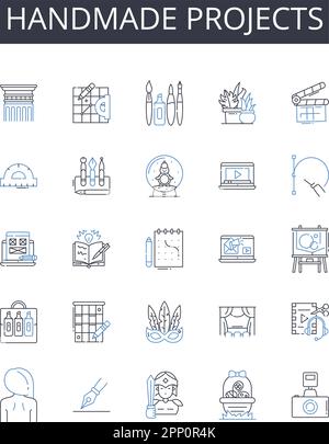 Sammlung mit Symbolen für handgefertigte Projekte. Löffel, Gabel, Messer, Spatel, Kelle, Zange, Whisk-Vektor und lineare Darstellung. Reibe, Schäler, Korkenzieher Stock Vektor