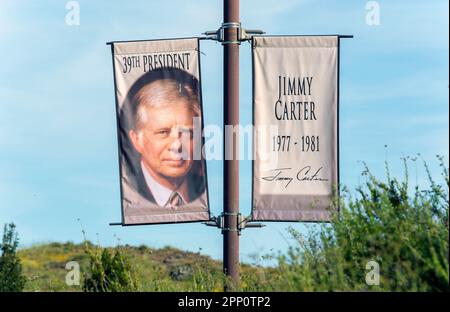 Simi Valley, Kalifornien, USA. 20. April 2023. Das Präsidentenbanner für JIMMY CARTER in der Ronald Reagan Presidential Library. (Kreditbild: © Brian Cahn/ZUMA Press Wire) NUR REDAKTIONELLE VERWENDUNG! Nicht für den kommerziellen GEBRAUCH! Stockfoto