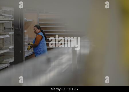 Everett, Usa. 19. April 2023. Ein leerer Walmart-Laden mit Reihen leerer Einkaufswagen und kargen Regalen markiert die Schließung eines einst blühenden Einzelhandelsgeschäfts in Everett, Washington. (Foto: Chin Hei Leung/SOPA Images/Sipa USA) Guthaben: SIPA USA/Alamy Live News Stockfoto