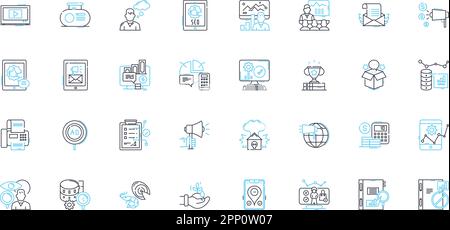Lineare Symbole für die Projektforschung. Untersuchung, Analyse, Experimentieren, Studie, Untersuchung, Übersicht, Beobachtungslinienvektor und Konzeptzeichen Stock Vektor