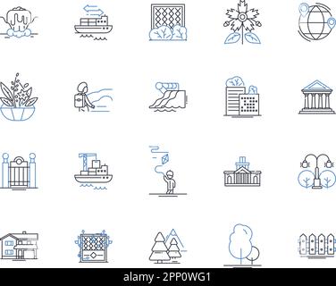 Verbundene Symbolsammlung für Gartenlinien. IoT, Smart, Automatisierung, Sensoren, Boden, Wasser, Temperaturvektor und lineare Darstellung. Sonnenlicht, Wachstum Stock Vektor