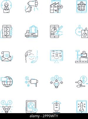 Lineare Symbolgruppe für Konsumgüter. Elektronik, Bekleidung, Lebensmittel, Möbel, Geräte, Schönheits-, Spielzeuglinienvektor- und Konzeptschilder. Schmuck, Schuhe, Taschen Stock Vektor