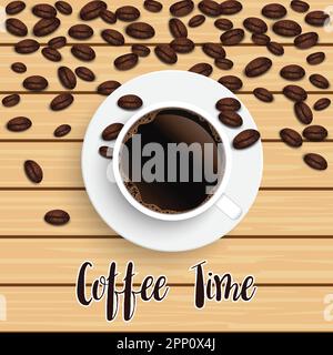Realistische, schwarze Kaffeetasse mit Bohnen auf Holzhintergrund. illustrator-Vektor. Stock Vektor