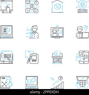 Lineare Symbole für Branding Skills. Innovation, Strategie, Kreativität, Design, Branding, Marketing, Kommunikationslinien-Vektor und Konzeptschilder. Digital Stock Vektor