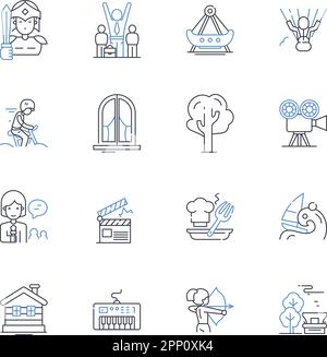 Adventure Tourism Line Icons Kollektion. Expedition, Safari, Trekking, Rafting, Fallschirmspringen, Mountaineering, Biking-Vektor und lineare Darstellung Stock Vektor