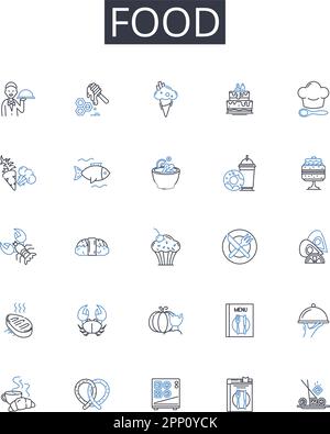 Food Line Icons Kollektion. Getränk, Küche, Grub, Nahrung, Nachspeise, Chow, frisst Vektor und lineare Darstellung. Schilder für Speisen, Mahlzeiten, Snacks Stock Vektor