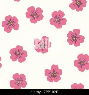 Handgezeichnetes nahtloses Muster winziger Blüten. Pinkfarbener Blumendruck auf hellem Ecru-Hintergrund in Pastelltönen, minimalistischer Retro-Stil im Vintage-Stil, kleine Gänseblümchenkunst, Frühlingssommergarten mit fünf Blütenblättern Stockfoto