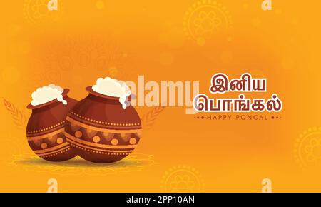 Sticker Style Happy Pongal Text In Tamilischer Sprache Mit Tontöpfen Voller Pongali-Reis, Weizenohr Auf Orangefarbenem Hintergrund. Stock Vektor