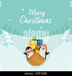 „Merry Christmas Celebration“-Posterdesign Mit Cartoon Penguin Enjoy Sledge, Geschenkboxen Auf Pastel Cyan Xmas Tree Und Schneefallhintergrund. Stock Vektor