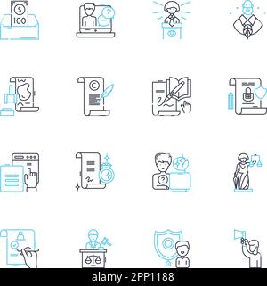 Lineare Symbole für Prozessrechte festgelegt. Anwalt, Recht, Justiz, Rechte, Klage, Rechtsstreit, Verteidigungslinie, Vektor und Konzeptzeichen. Kläger, Angeklagter Stock Vektor