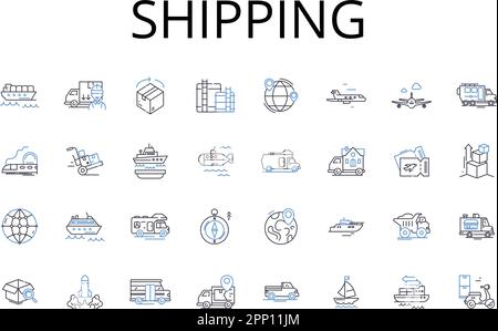 Symbolsammlung für Versandpositionen. Lieferung, Fracht, Transport, Versand, Transport, Versand, Transfervektor und lineare Darstellung. Beförderung Stock Vektor