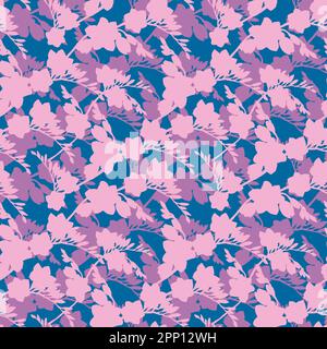 Rosafarbene Silhouetten von Freesia-Blumen, schöner Strauß auf blauem violettem Hintergrund, nahtloses tropisches Muster mit Aquarell-Illustration. Zeichnung f Stockfoto