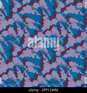 Rosafarbene Silhouetten von Freesia-Blumen, schöner Strauß auf blauem violettem Hintergrund, nahtloses tropisches Muster mit Aquarell-Illustration. Zeichnung f Stockfoto