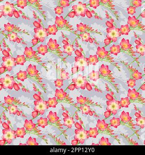 Rote Blumen Freesia, wunderschöner Strauß auf blauem Hintergrund, nahtlose tropische Muster Aquarell Illustration. Stockfoto