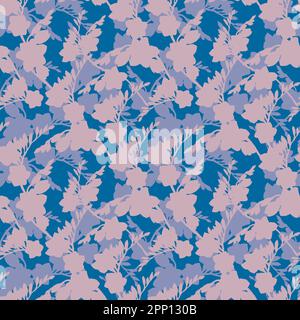 Rosafarbene Silhouetten von Freesia-Blumen, schöner Strauß auf blauem violettem Hintergrund, nahtloses tropisches Muster mit Aquarell-Illustration. Zeichnung f Stockfoto