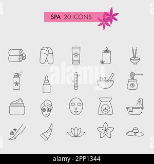 Schwarze Kontur Darstellung DES SPA 20-Symbols oder -Zeichensatzes. Stock Vektor