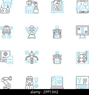 Lineare Symbole für Konstruktionssimulation festgelegt. Modellierung, Analyse, Optimierung, Visualisierung, Virtualisierung, Berechnung, Linienvektor der Vorhersage und Stock Vektor