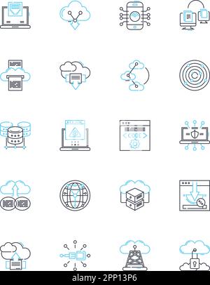 Lineare Symbole für Cyber-Analysen. Cybersicherheit, Analysen, Daten, Schwachstellen, Bedrohung, Intelligenz, Detektionslinienvektor und Konzeptzeichen Stock Vektor