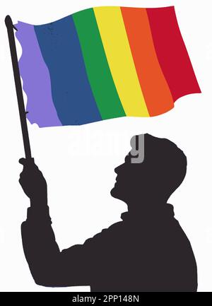 Dunkle Silhouette eines Mannes mit einer Flagge in Regenbogenfarben isoliert auf weißem Hintergrund. Stock Vektor