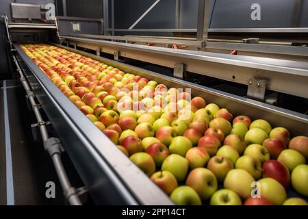 Äpfel in einer Lebensmittelverarbeitungsanlage, sauber und frisch, bereit für die automatisierte Verpackung. Konzept für ein gesundes Lebensmittelunternehmen mit automatisierter Herstellung von Stockfoto