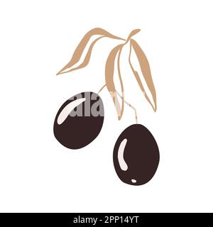 Olive Branch mit zwei Früchten und Blättern, Gold- und Schwarzpalette, handgezeichnet. Vector Isolated Illustration, Logo für hochwertiges Olivenöl. Stock Vektor