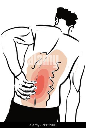 Mann mit plötzlichen Rückenschmerzen, Berührung des unteren Rückens, Entzündungsvektorbild des unteren Rückens. Stock Vektor