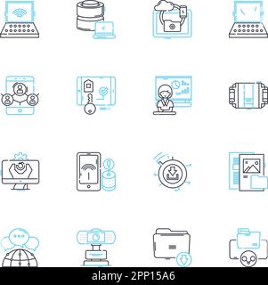 Lineare Symbole für virtuelle Sicherheit festgelegt. Verschlüsselung, Firewall, Authentifizierung, Malware, Passwörter, Datenschutz, Cybersicherheit, Linienvektor und Konzeptschilder Stock Vektor