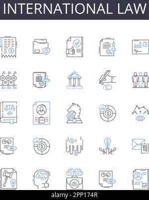 Icons-Sammlung für internationale Rechtslinien. Seerecht, Unternehmensfinanzierung, Umweltwissenschaft, Politikwissenschaft, geistiges Eigentum, Kriminell Stock Vektor