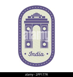 Etikett Oder Aufkleber, Stempeldesign Mit India Gate Auf Ovalem Hintergrund In Violett Und Beige. Stock Vektor