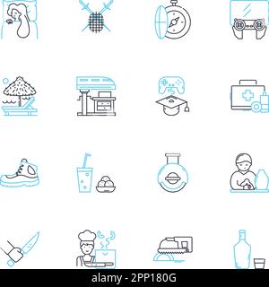 Freizeit verfolgt lineare Symbole. Erholung, Unterhaltung, Hobbys, Entspannung, Vergnügen, Spaßvektor-, Vergnügungs- und Konzeptschilder. Abenteuer Stock Vektor