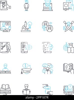 Lineare Symbole für virtuelle Schule festgelegt. Online, Bildung, Virtuell, Lernen, Entfernung, Vektor- und Konzeptzeichen für Fernunterricht, Hausunterricht. Technologie,Zoom Stock Vektor
