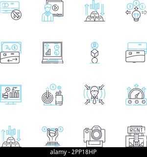 Symbole für lineare Bezüge im Geschäftsjahr festgelegt. Gewinn, Umsatz, Brutto, Netto, Einkommen, Vermögenswerte, Verbindlichkeiten Linienvektor und Konzeptzeichen. Dividende, Zinsen, Rente Stock Vektor