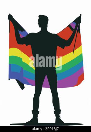 Dunkle Silhouette eines Mannes mit einer Flagge in Regenbogenfarben isoliert auf weißem Hintergrund. Stock Vektor